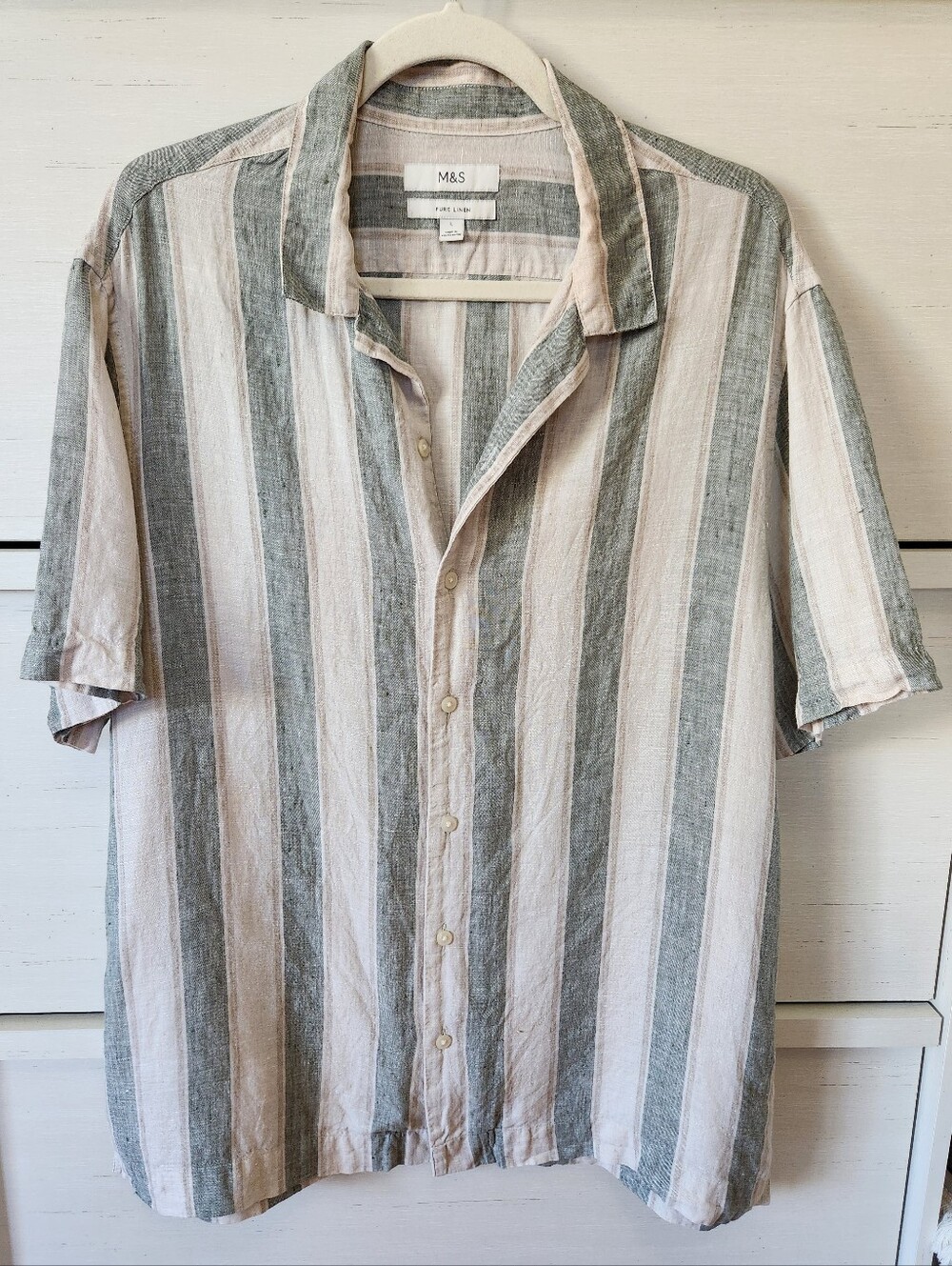 M&S Marks & Spencer Men's Pure Linen Striped Short Sleeve Shirt Size Large